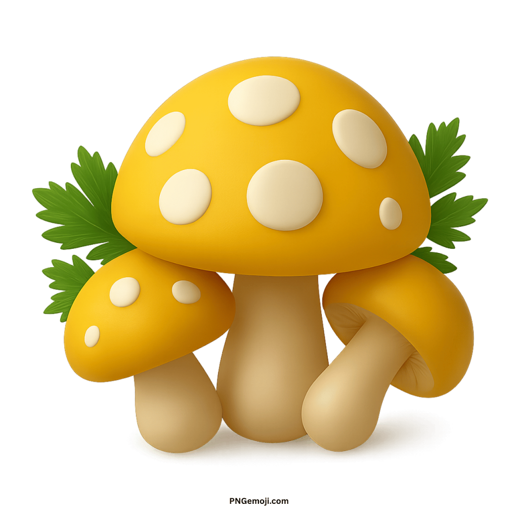 Yellow cartoon mushroom PNG with white spots and green leaves in high-quality design