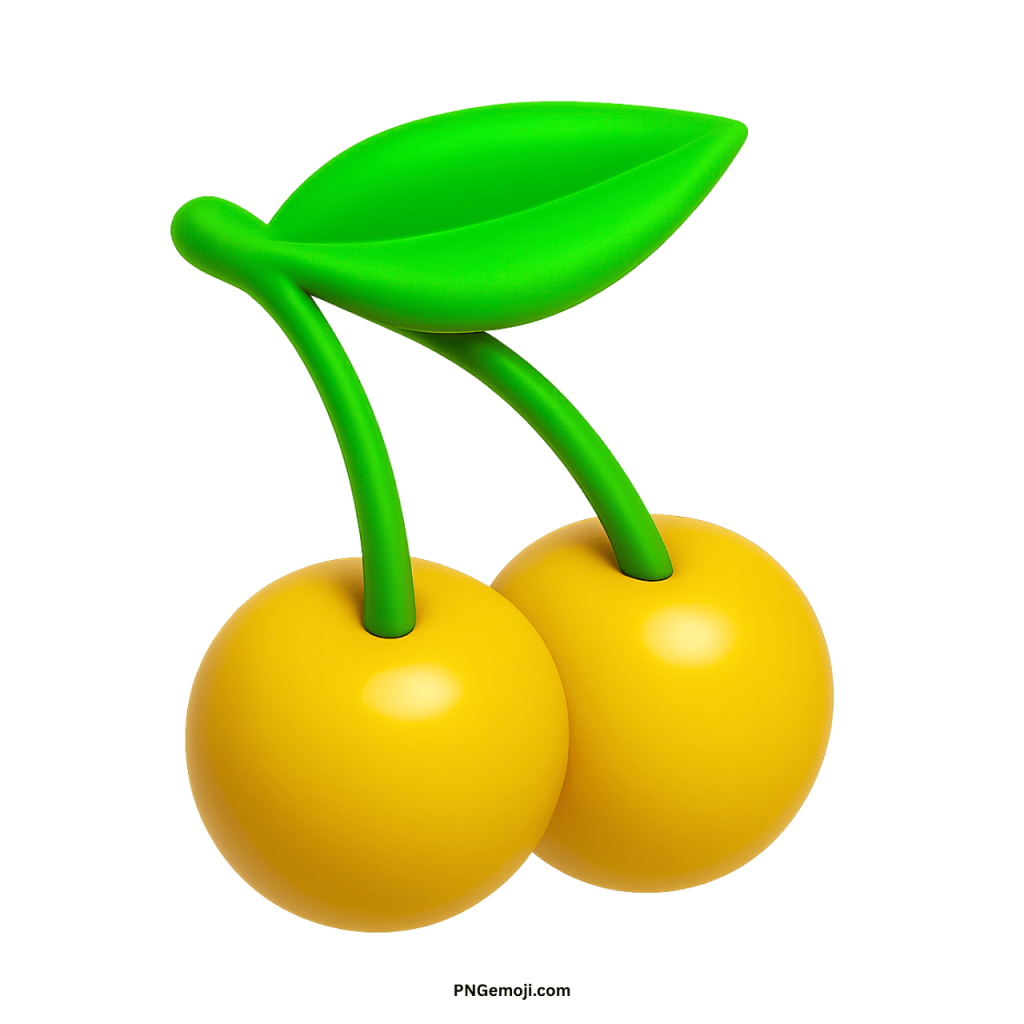 A bright yellow cherry emoji with glossy finish, vibrant green leaves on a sleek black background.