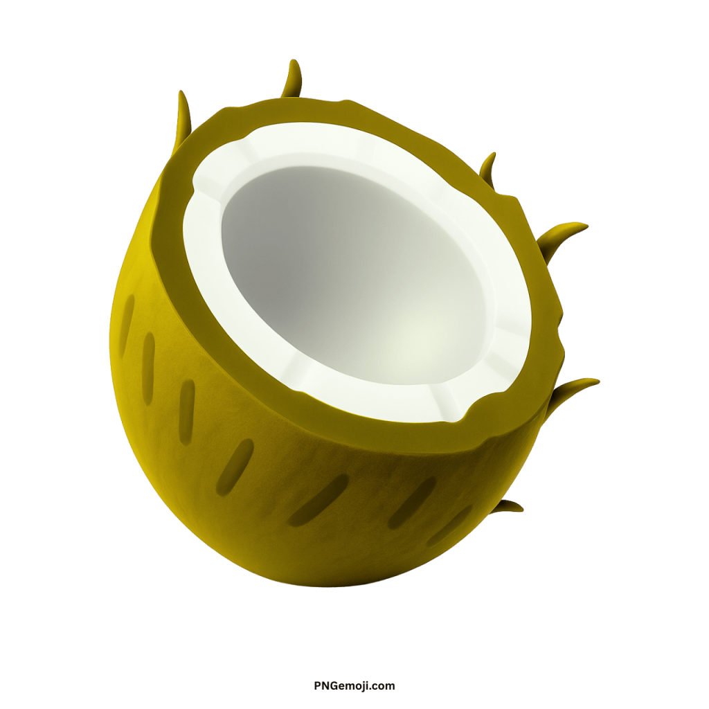 Yellow coconut emoji PNG half-cut tropical fruit icon with white edible inner flesh