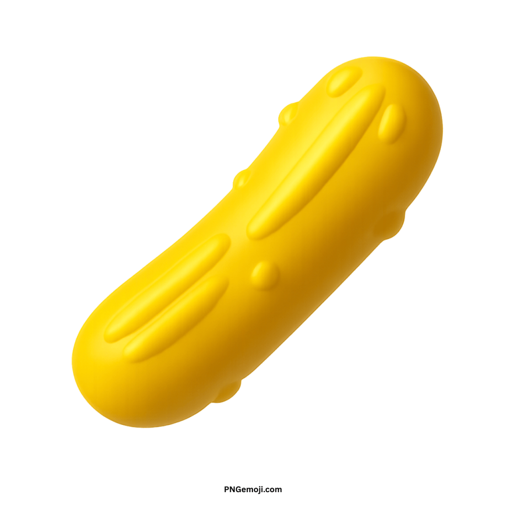 Vibrant yellow 3D cucumber emoji icon, stylized bright pickle vegetable graphic, playful garden food symbol.
