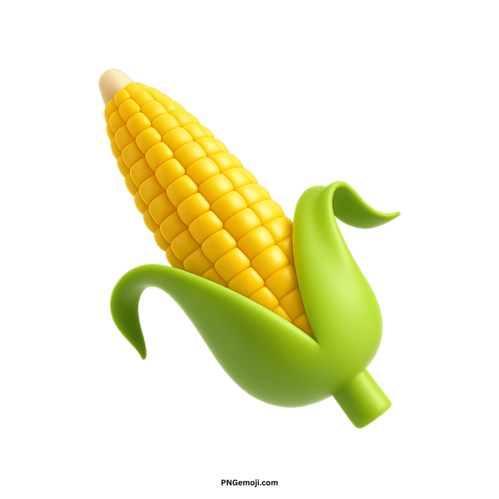 Yellow ear of corn emoji with green husk in 3D cartoon style illustration
