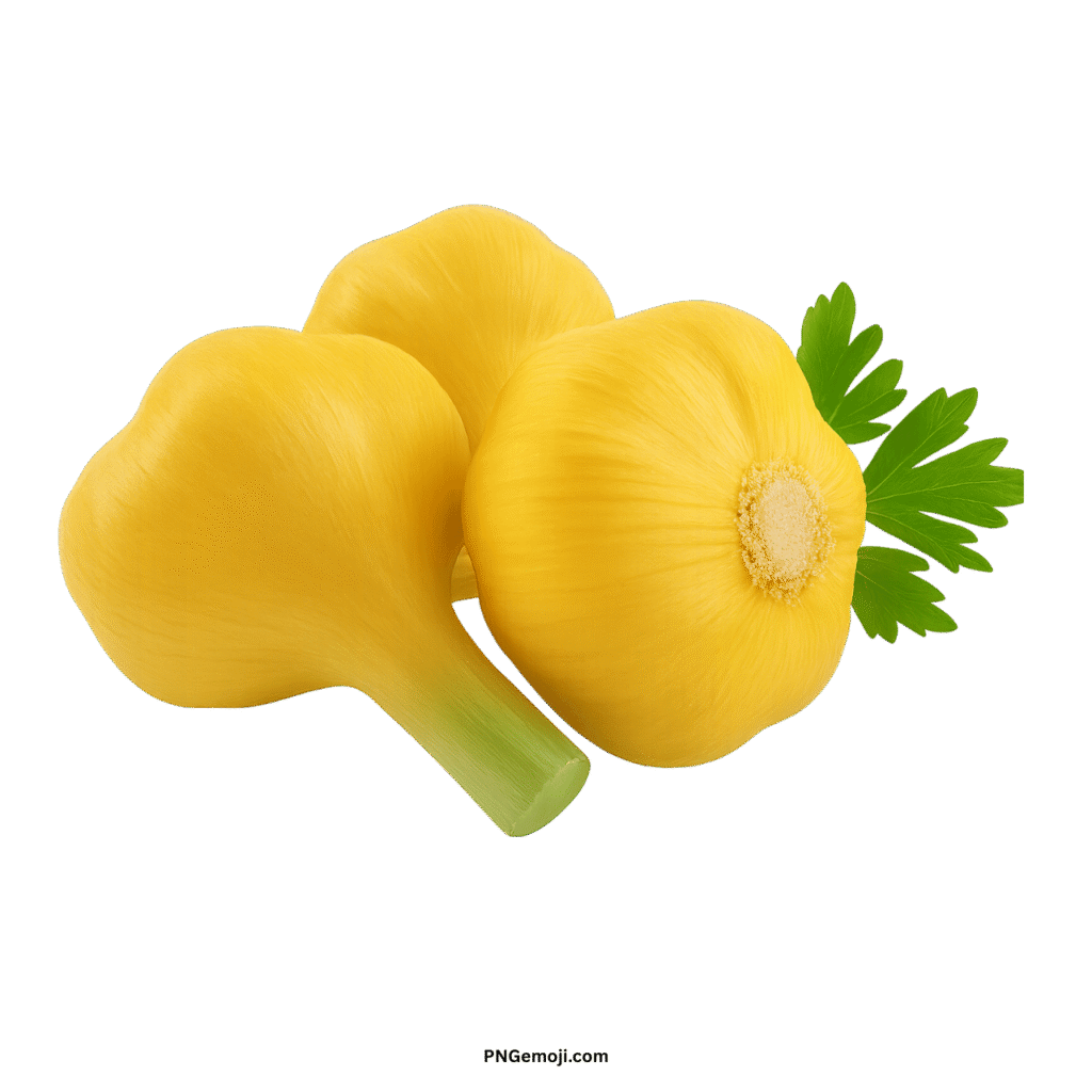 Yellow garlic emoji PNG illustration showing fresh garlic cloves with green leaves