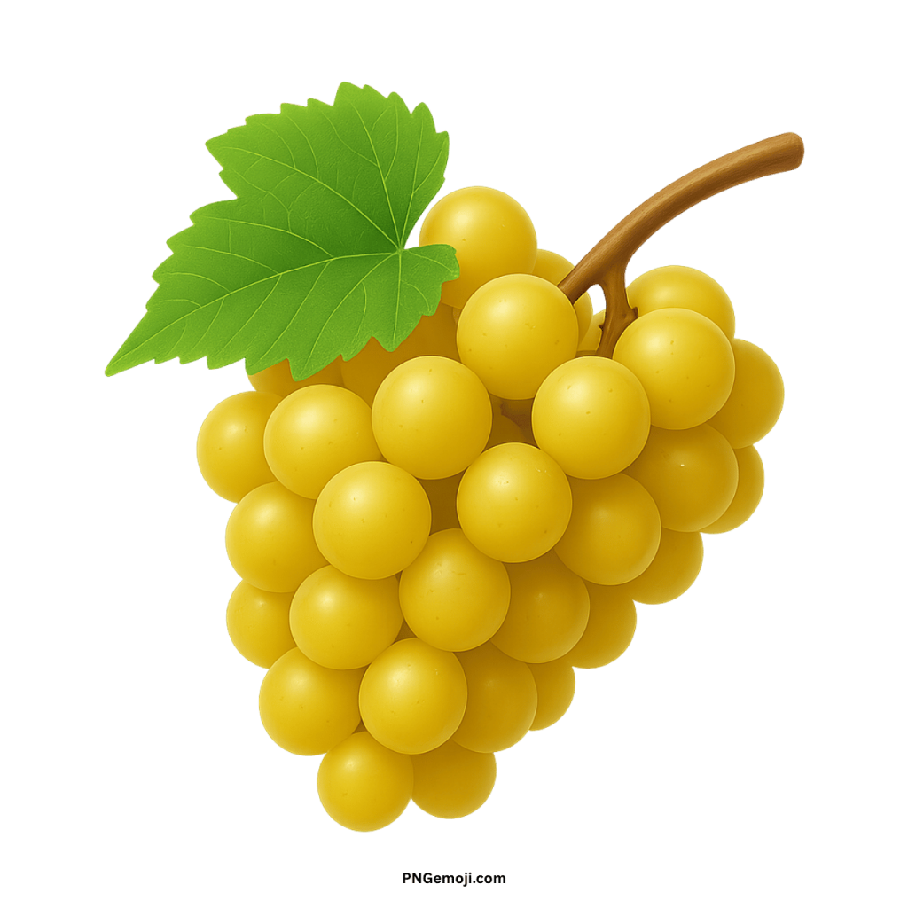 A bright yellow grape emoji with a green leaf and brown stem, set against a black background.