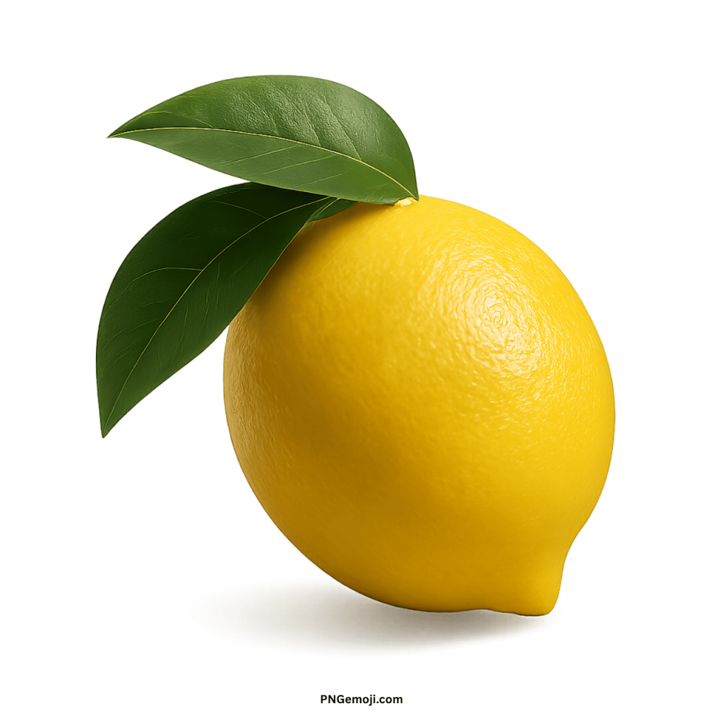 Yellow lemon emoji with green leaves, fresh fruit symbol for chats and creative design