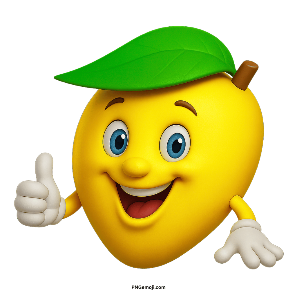 Smiling yellow mango emoji cartoon fruit character with green leaf giving thumbs up PNG