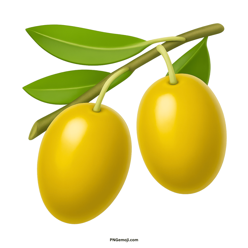 A bright yellow olive emoji with vibrant green leaves on a branch, set against a black background.