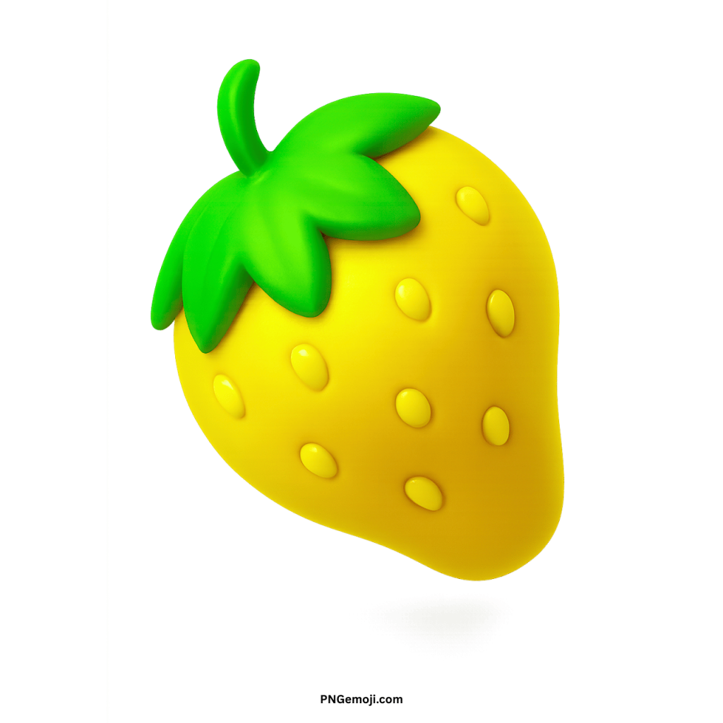 Bright 3D rendered yellow strawberry emoji with green stem and matching seeds.