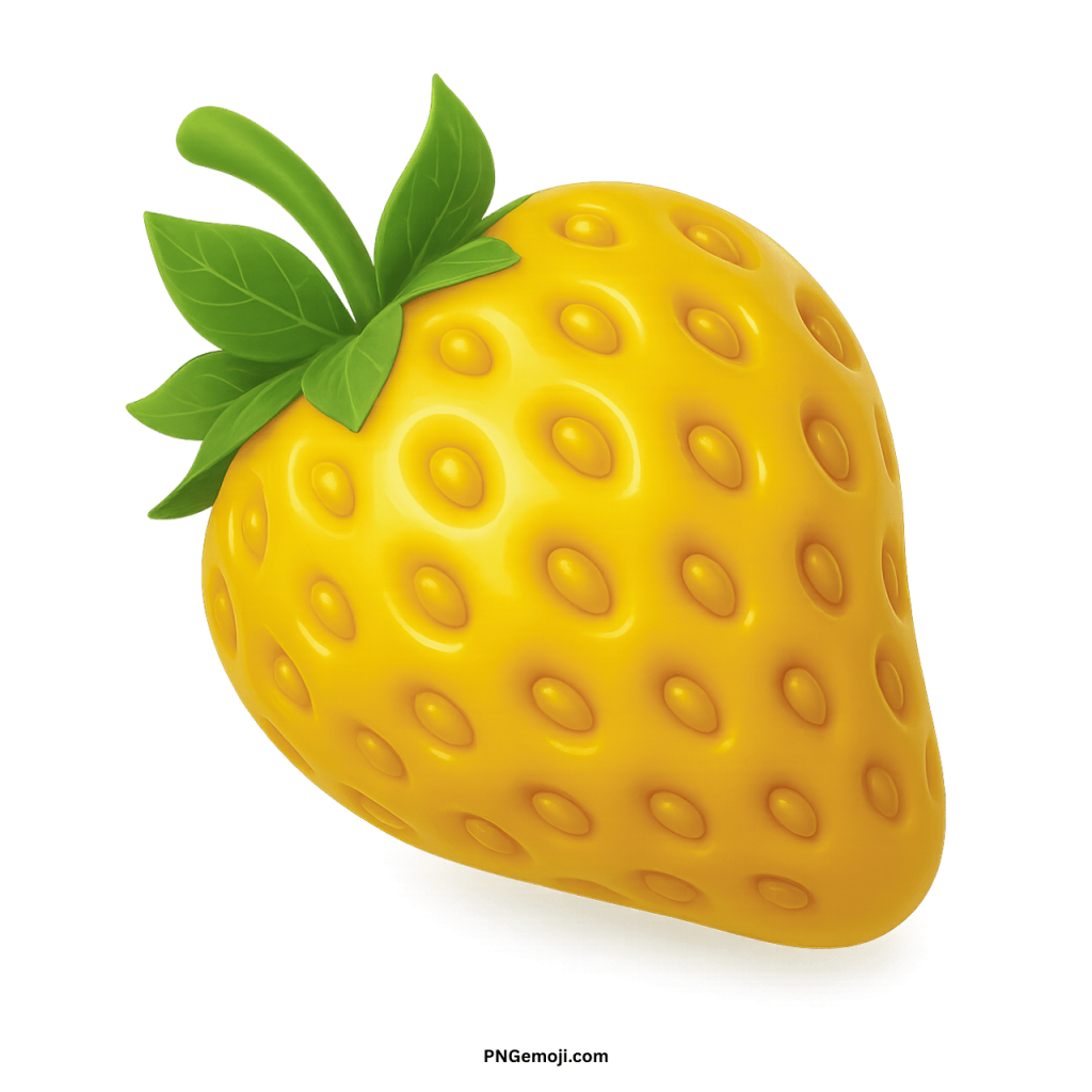 Glossy yellow strawberry with green leaves on a black background, a vibrant digital illustration.