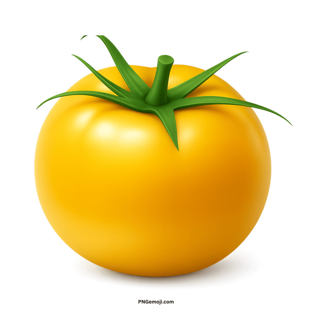 A bright yellow tomato with a green stem sits isolated against a plain black background.