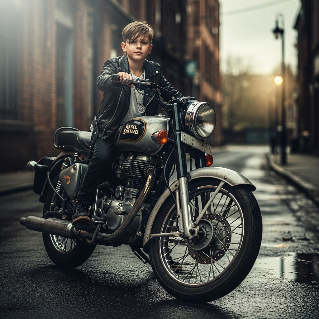 Adventurous young boy with tousled hair in black leather jacket riding classic silver Royal Enfield motorcycle on wet cobblestone street at dusk.
