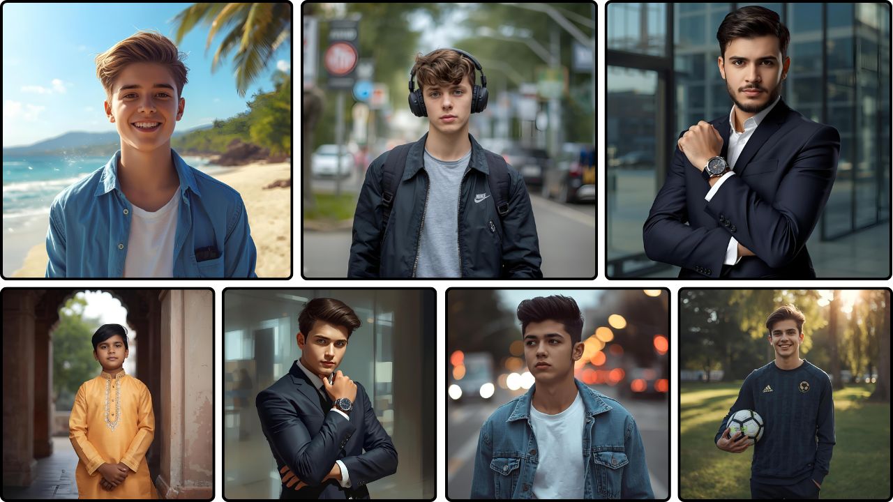 Collage of young men in different outfits including casual, formal, traditional, and sports looks