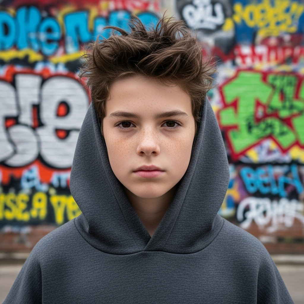 Introspective young boy with tousled brown hair and freckles, wearing gray hoodie, serious expression against colorful urban graffiti wall background.