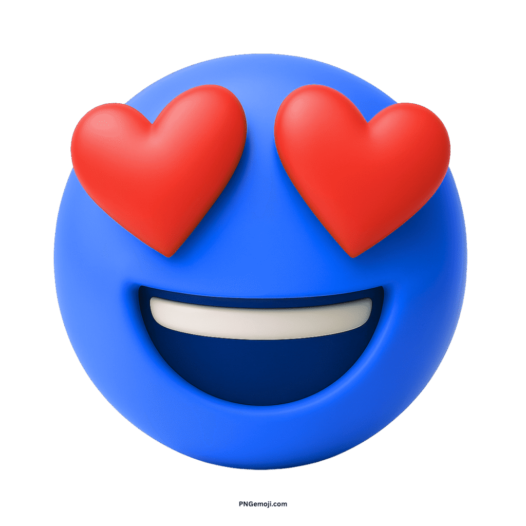 A 3D blue emoji with heart eyes and a big smile, conveying love and adoration, on a transparent background.