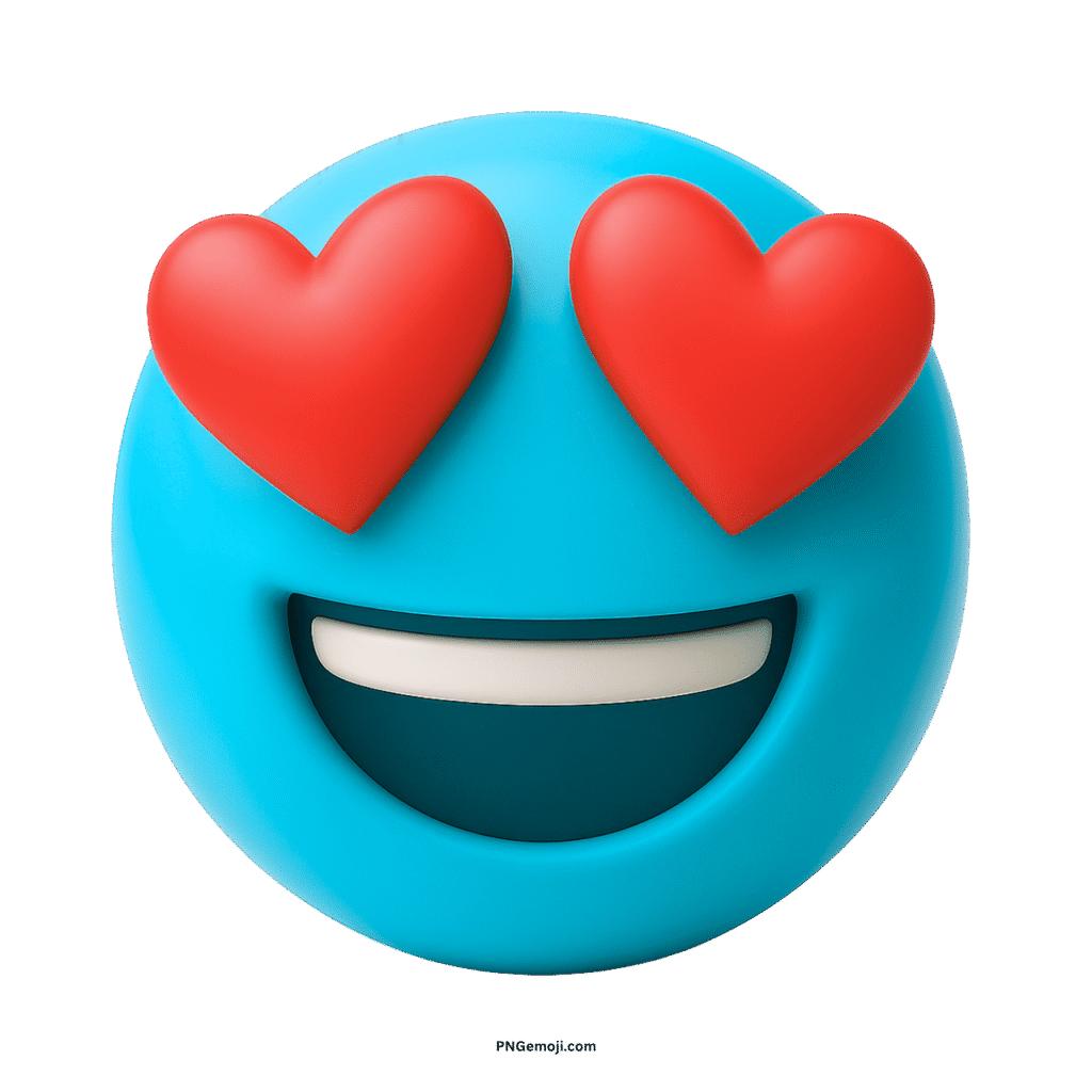A 3D cyan blue emoji with heart eyes and a big smile, conveying love and happiness, on a transparent background.