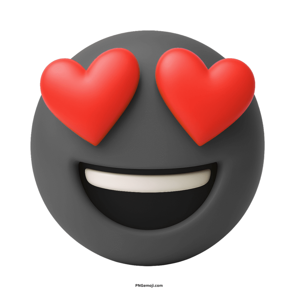 A 3D dark gray emoji with heart eyes and a wide smile, expressing love and excitement, on a transparent background.