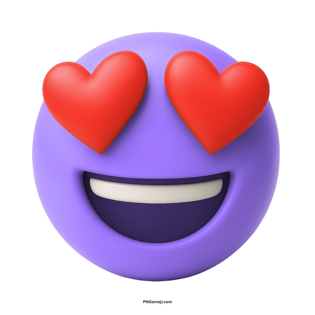 A charming 3D lavender purple emoji with heart eyes and a big smile, conveying love and happiness, on a transparent background.