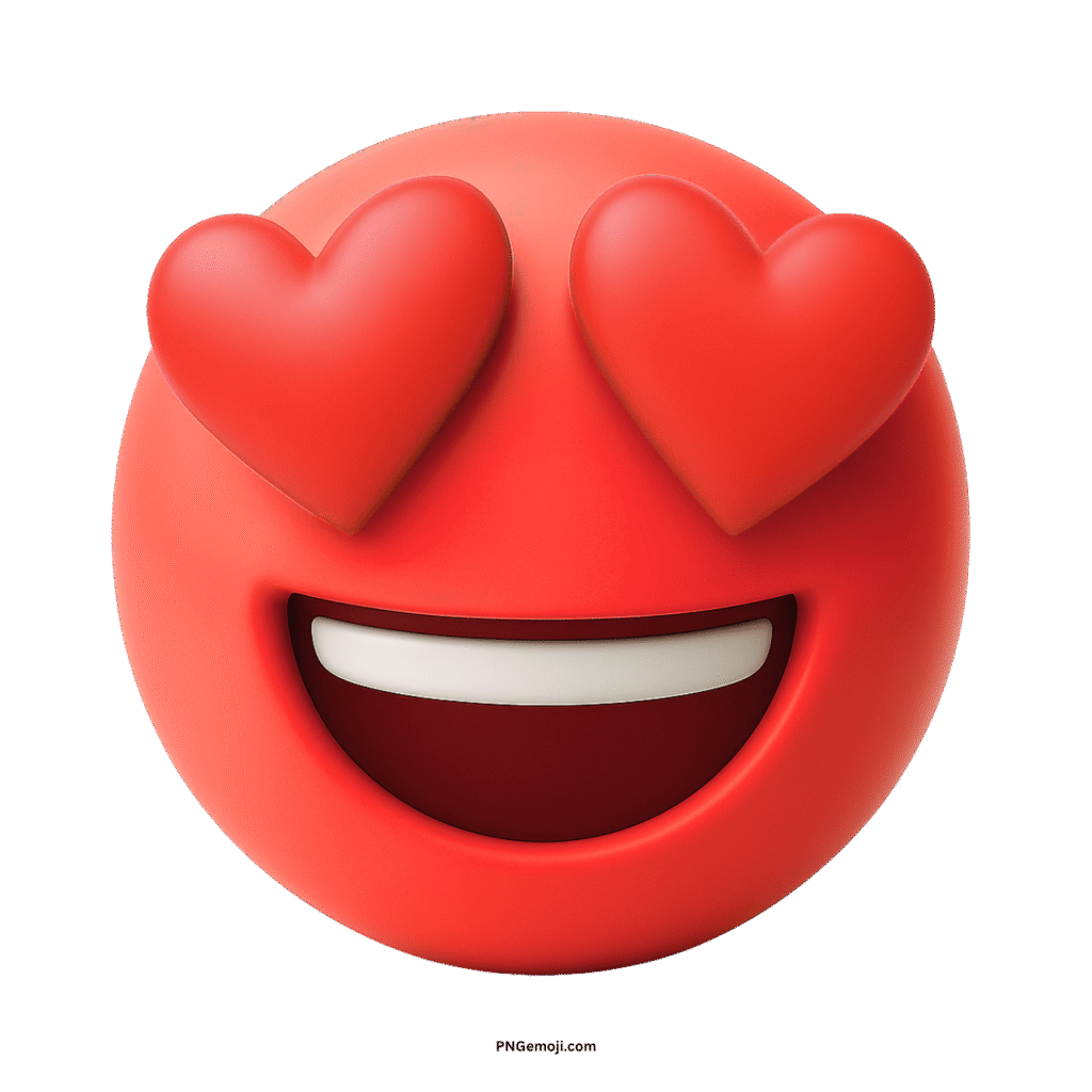 A passionate 3D red emoji with heart eyes and a big smile, conveying intense love and excitement, on a transparent background.