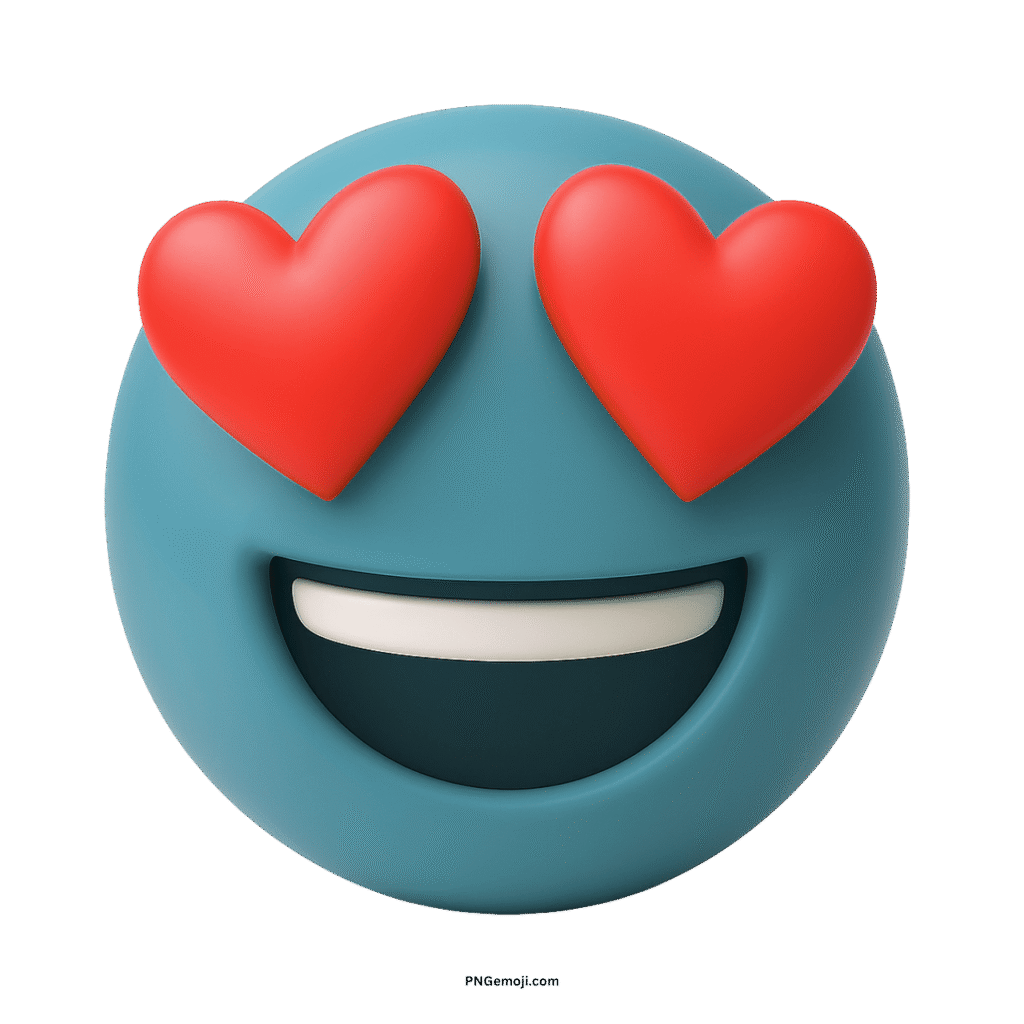 A serene 3D teal blue emoji with heart eyes and a big smile, conveying love and happiness, on a transparent background.