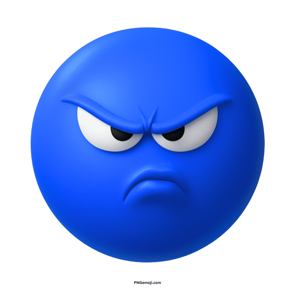 Annoyed blue emoji with furrowed brow and pouting mouth on a black background.