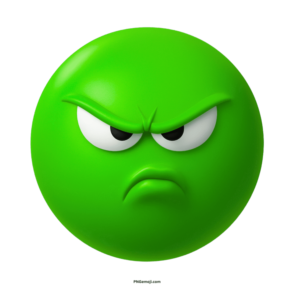 Annoyed green emoji with furrowed brows, angry eyes, and pouting mouth.