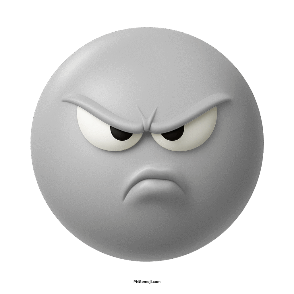 Annoyed light gray emoji with angry expression and pouting mouth on black.