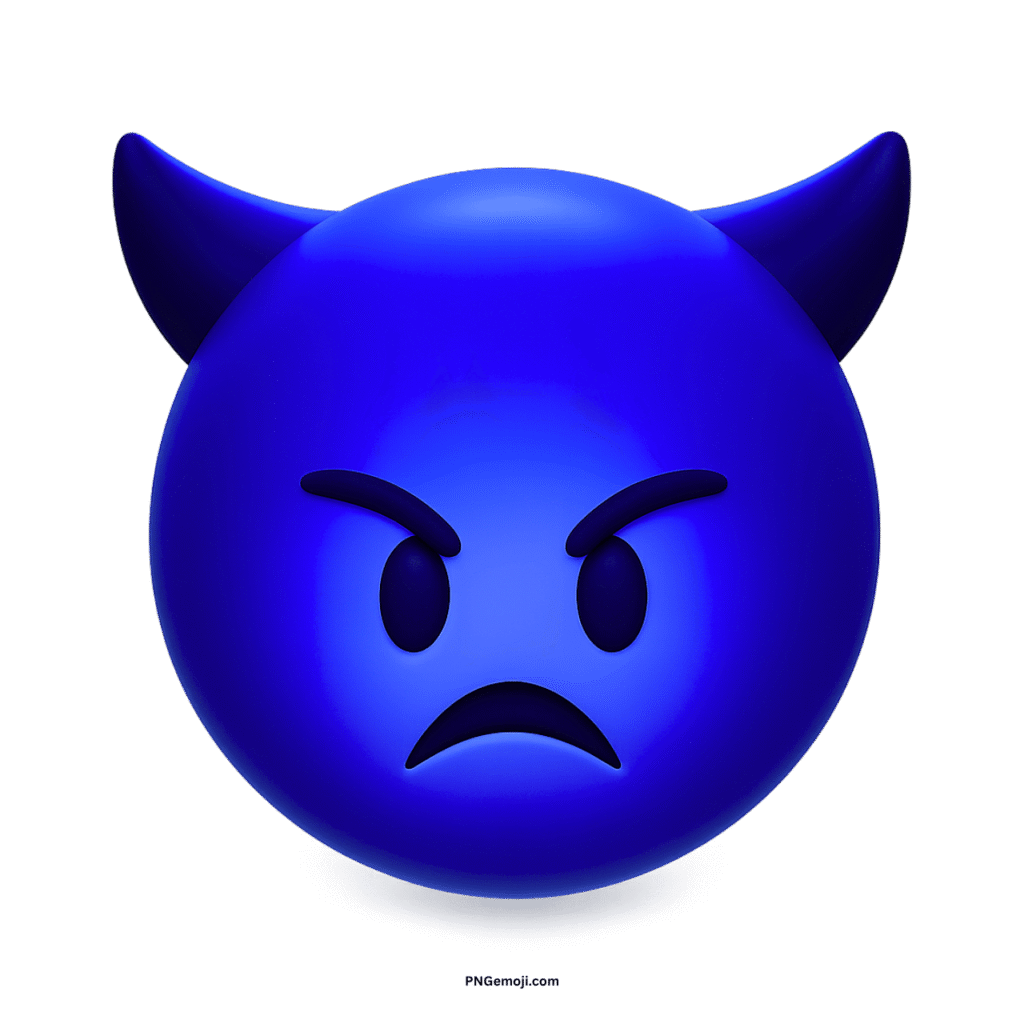  Angry blue 3D devil face emoji with horns and frowning expression.