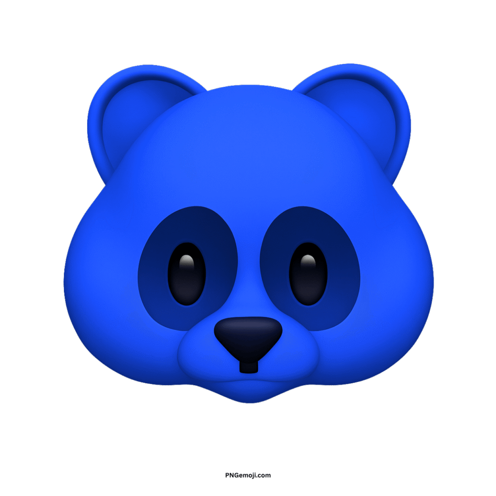 Stylized 3D blue panda face emoji with dark eyes and nose on black.