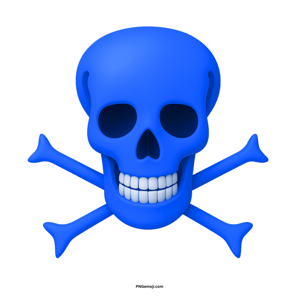 Stylized 3D blue skull and crossbones with white teeth on black background.