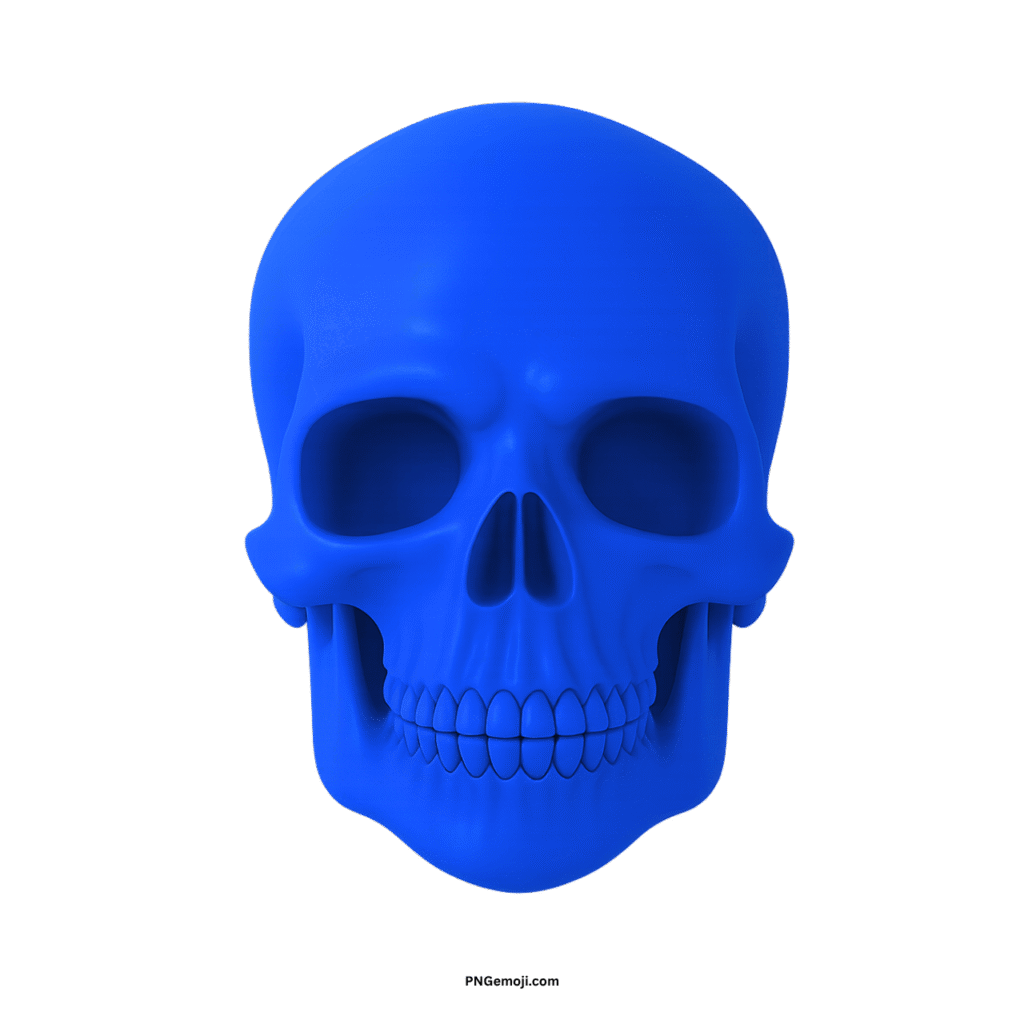 3D rendered blue skull face on black, minimal and bold.