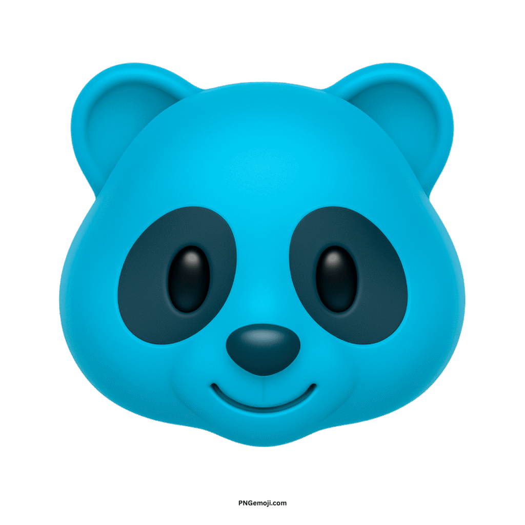 A bright cyan panda face emoji with dark eye patches and a cheerful smile on a black background.