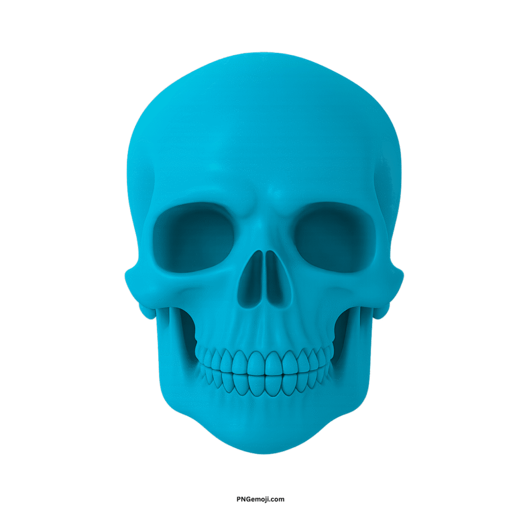 3D rendered cyan skull face on black, cool-toned and striking.