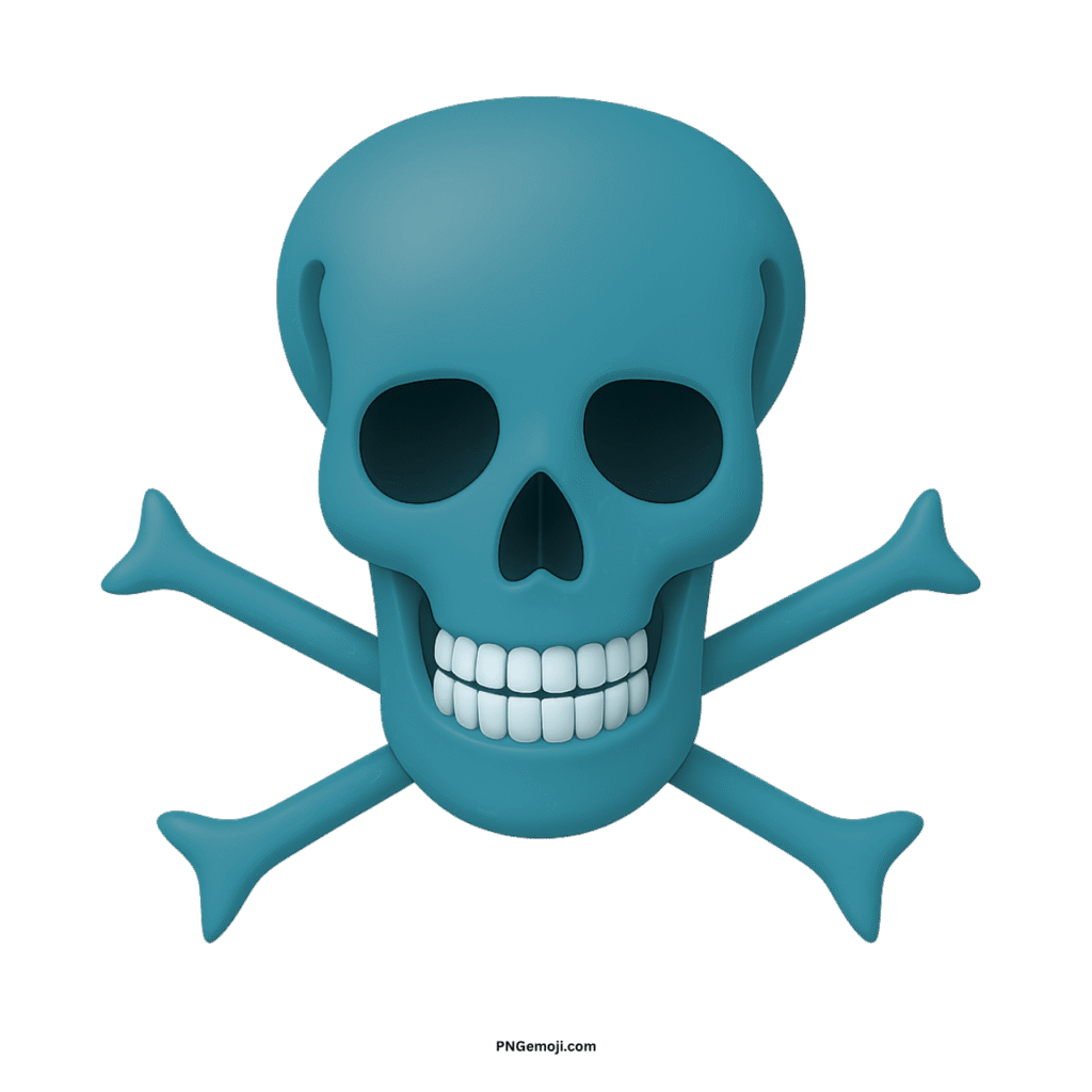 Stylized 3D dark cyan skull and crossbones with white teeth on black background.