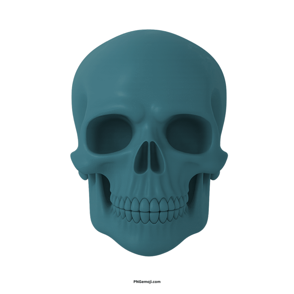 3D rendered dark cyan skull face on black, muted yet striking.