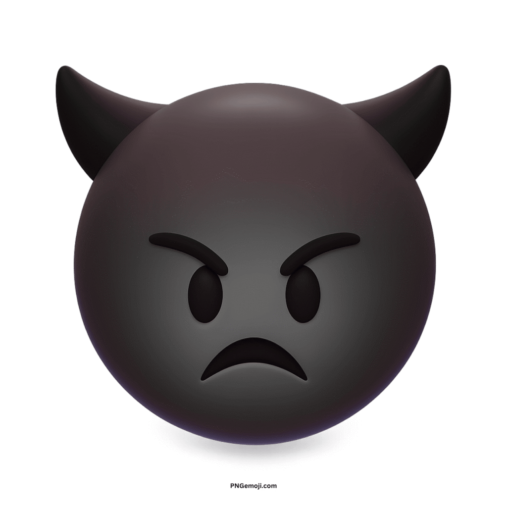 Angry dark gray 3D devil face emoji with horns and frown.
