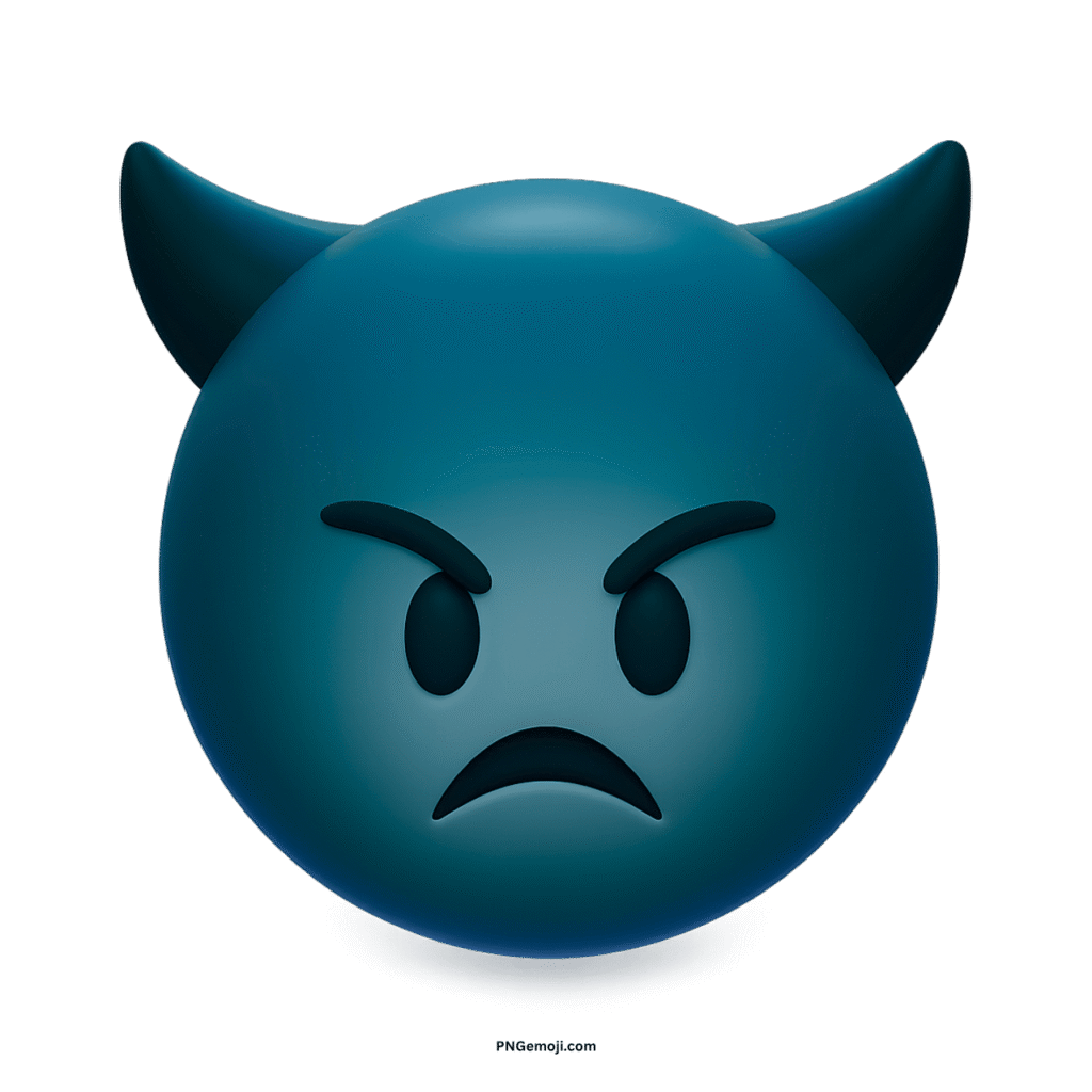 Angry dark teal-blue 3D devil face emoji with horns and frown.