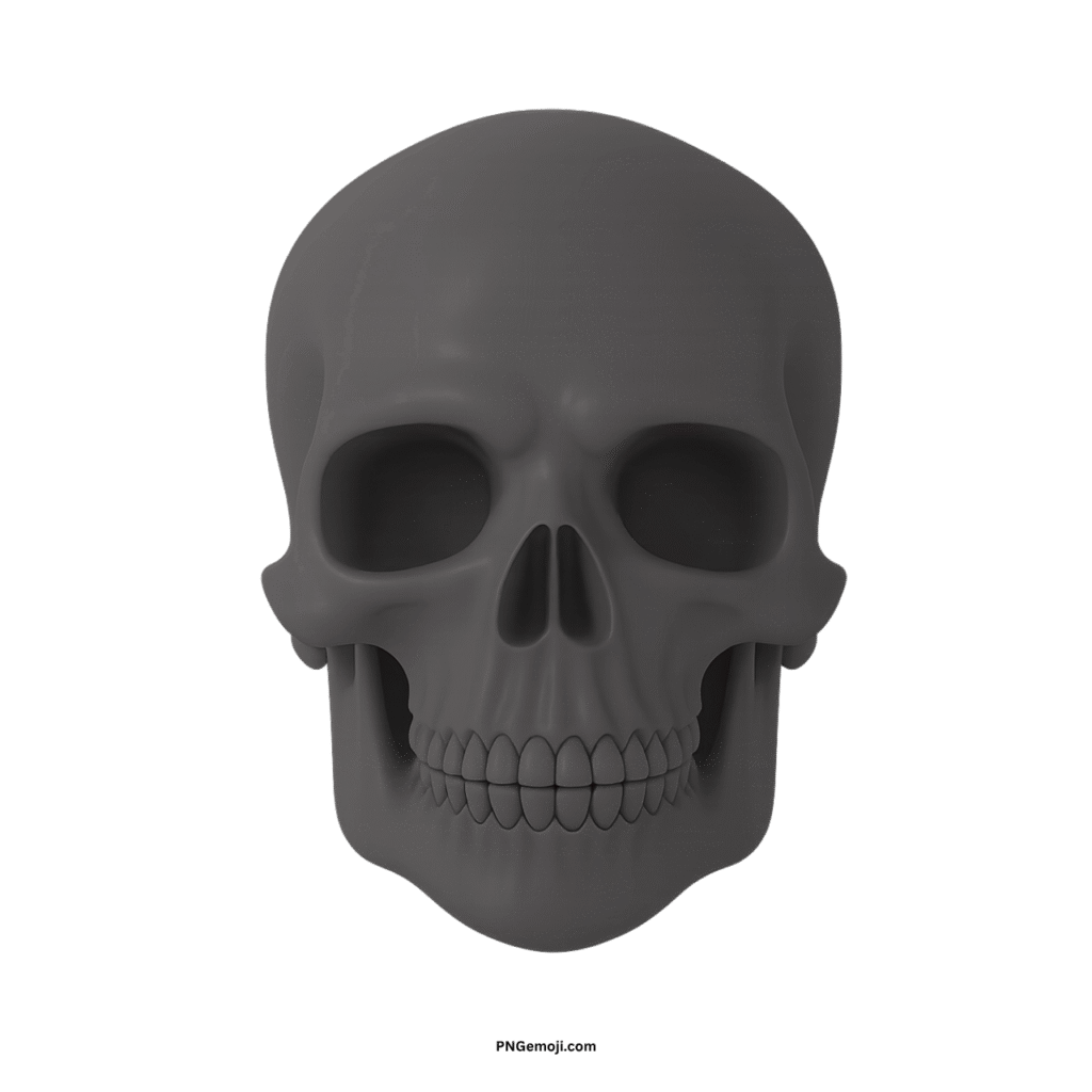 3D rendered gray skull face on black, minimalist and somber.