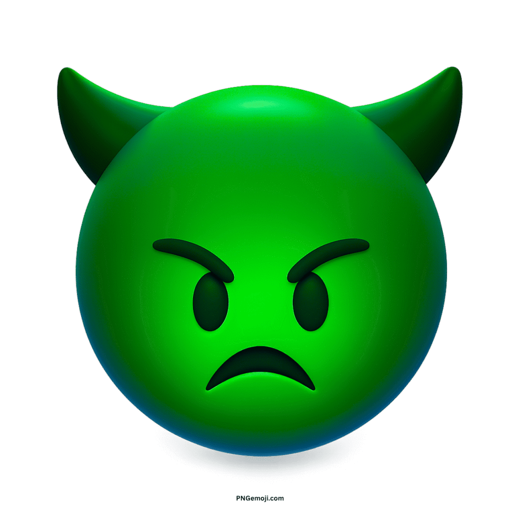 Angry green 3D devil face emoji with horns and frowning expression.