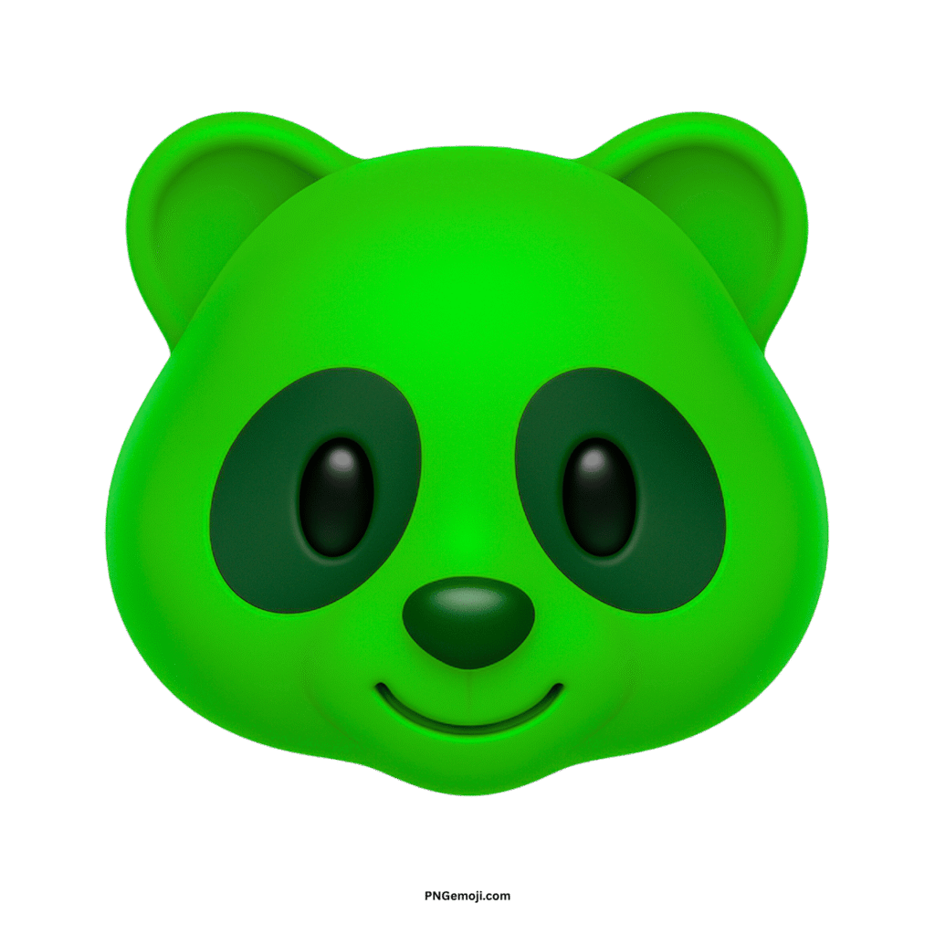 A vibrant green panda face emoji with dark eye patches and a cheerful smile on a black background.