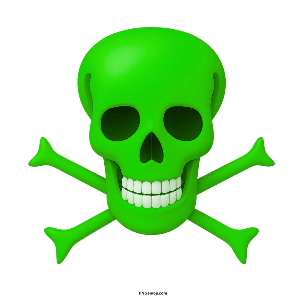 Stylized 3D green skull and crossbones with white teeth on black background.