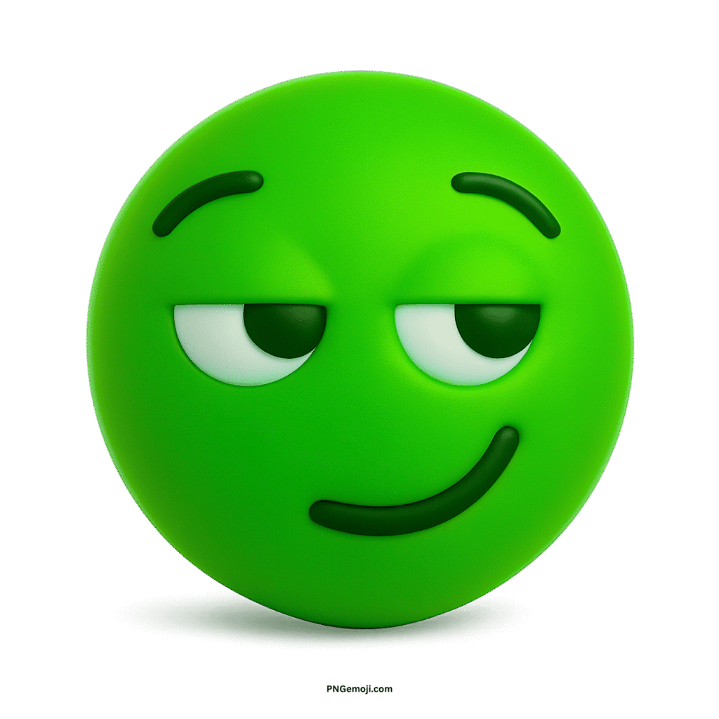 A green smirking face emoji with a sly, mischievous expression.