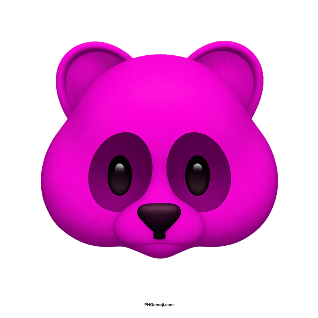 Stylized 3D magenta panda face emoji with dark eyes and nose on black.