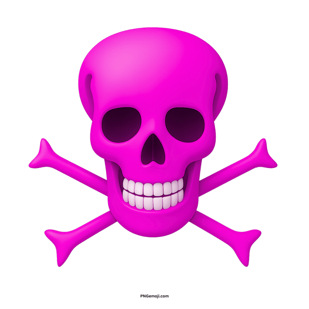 Stylized 3D magenta skull and crossbones with white teeth on black background.