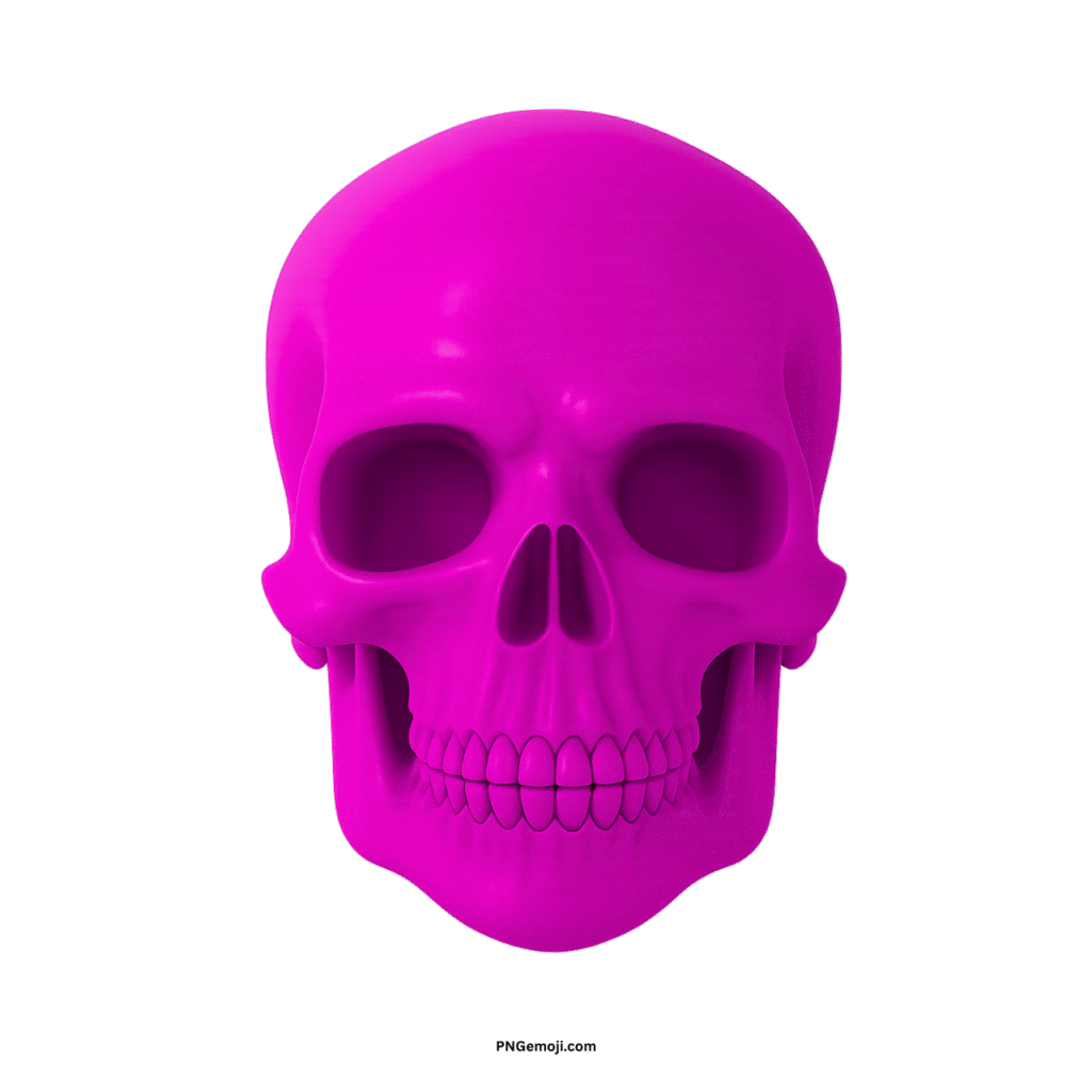 3D rendered magenta skull face on black, vibrant and bold.