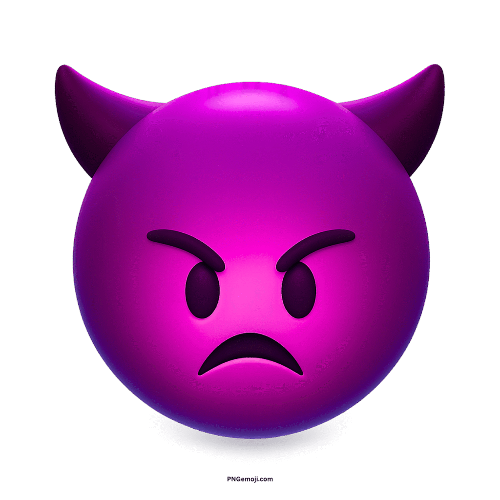 Angry pink-purple 3D devil face emoji with horns and frown.