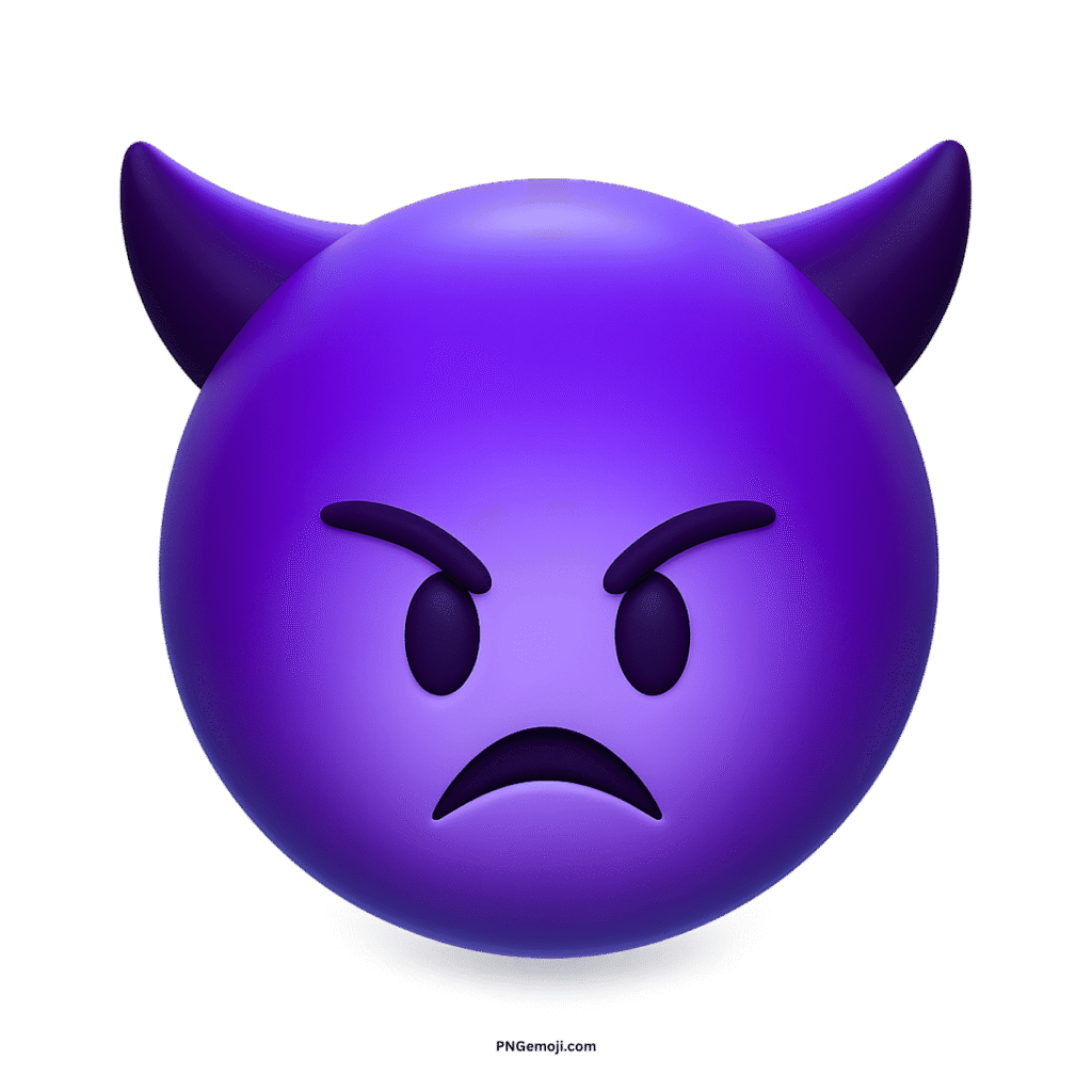 Angry purple 3D devil face emoji with horns and frowning expression.