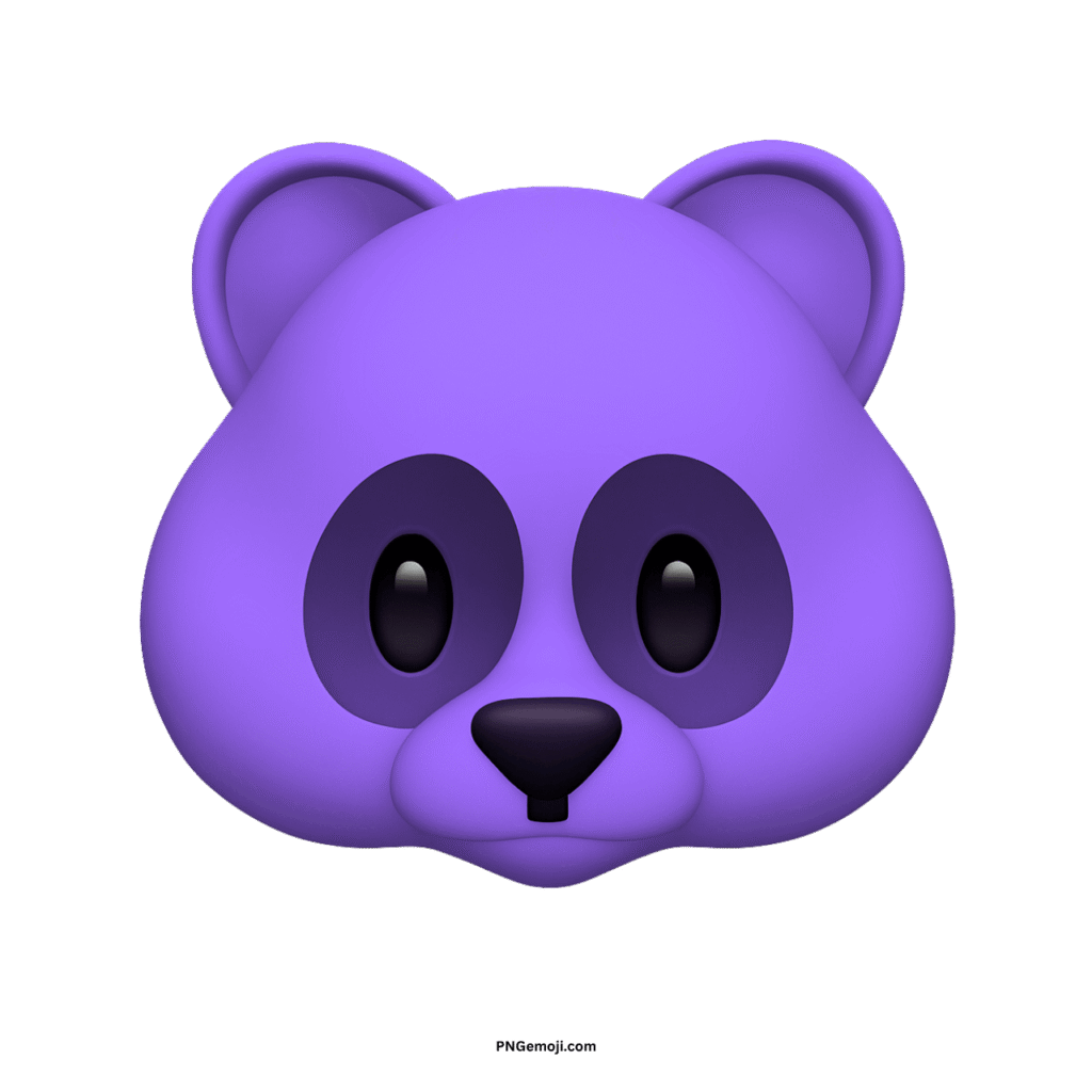 Stylized 3D purple panda face emoji with dark eyes and nose on black.