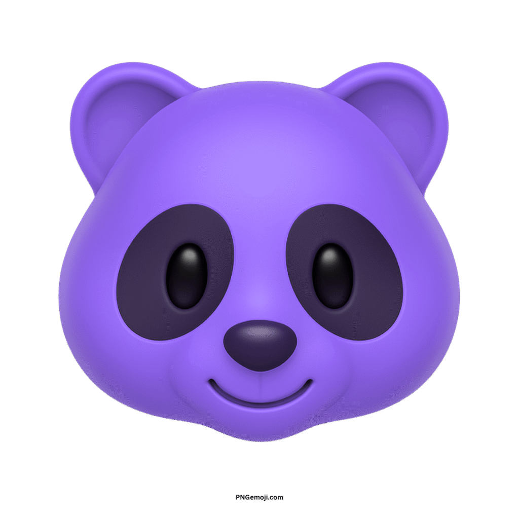 A vibrant purple panda face emoji with dark eye patches and a cheerful smile on a black background.