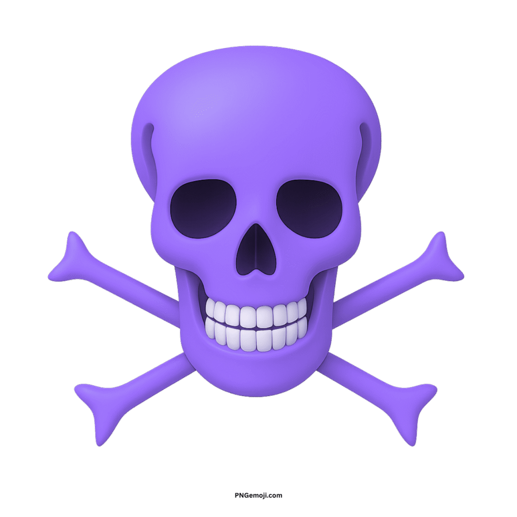 Stylized 3D purple skull and crossbones with white teeth on black background.