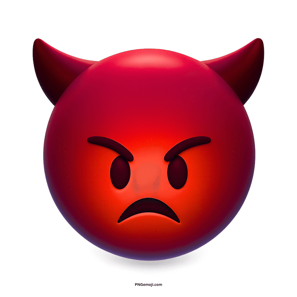 Angry red 3D devil face emoji with horns and frowning expression.