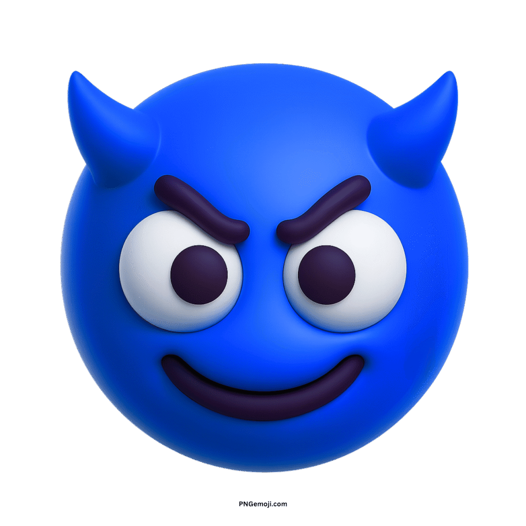 Blue devil emoji with horns and a mischievous smile, isolated on black.